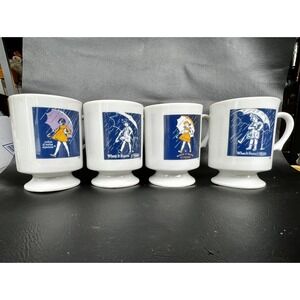 MORTON SALT GIRL Footed Mugs Diner Style 1914, 1921,  1956, 1972, VTG ~ Set Of 4